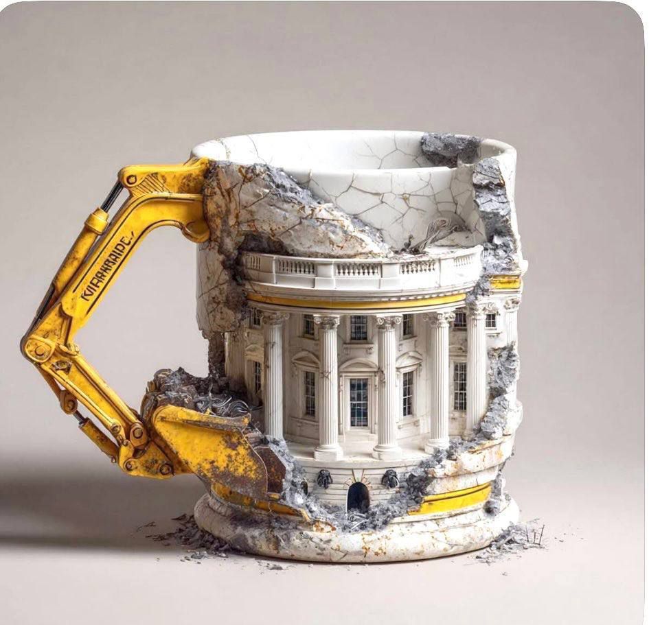 Декоративная кружка изобразительного характера: мини-экскаватор разрушает кирпичную стену на краю кружки.