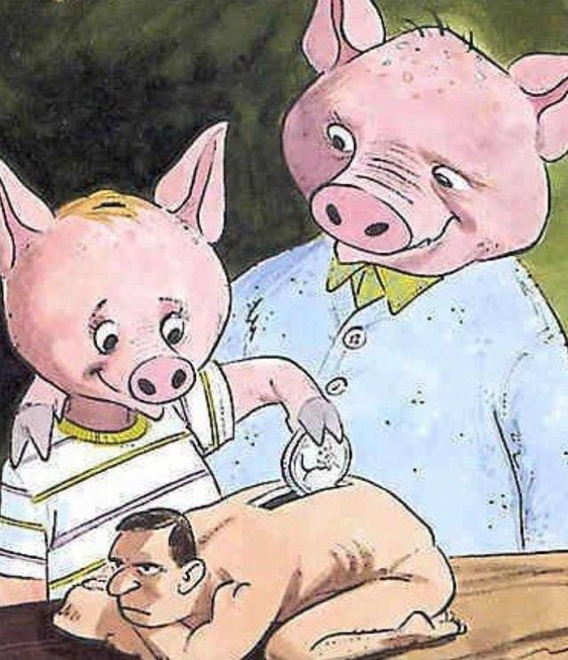 Иллюстрация с двумя поросятами и голым младенцем на столе