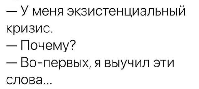 — У меня экзистенциальный кризис.
— Почему?
— Во-первых, я выучил эти слова...