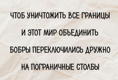 ЧТОБ УНИЧТОЖИТЬ ВСЕ ГРАНИЦЫ И ЭТОТ МИР ОБЪЕДИНИЛ БОБРЫ ПЕРЕКЛЮЧИЛИСЬ ДРУЖНО НА ПОГРАНИЧНЫЕ СТОЛБЫ