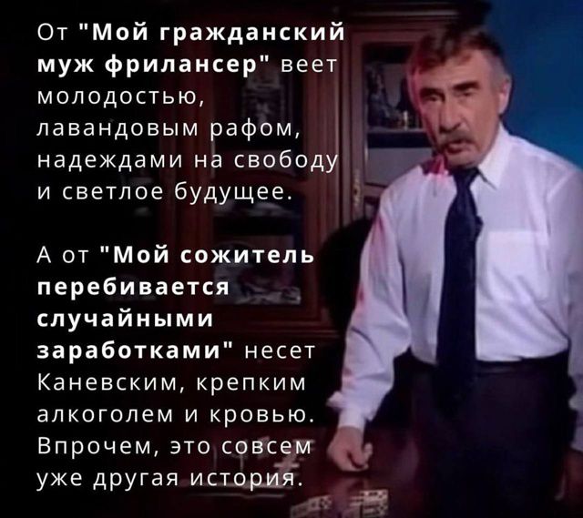 О мой гражданский муж фрилансер веет молодостью, лавандовым рафом, надеждами на свободу и светлое будущее. А от 'Мой сожитель пере-бивается случайными заработками' несет Каневским, крепким алкоголем и кровью. Впрочем, это совсем другая история.