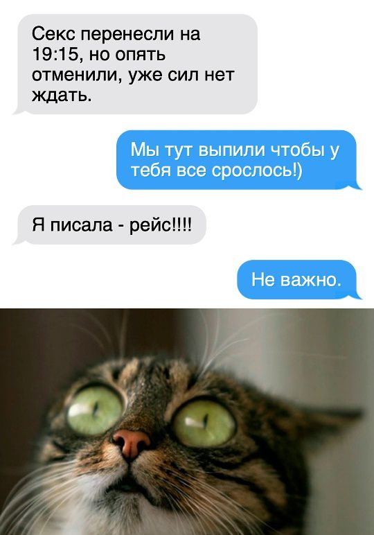 Секс перенесли на 19:15, но опять отменили, уже сил нет ждать. Мы тут выпили чтобы у тебя все срослось!) Я писала - рейс!!!! Не важно.