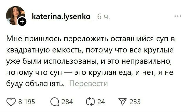 Мне пришлось переложить оставшийся суп в квадратную емкость, потому что все круглые уже были использованы, и это неправильно, потому что суп — это круглая еда, и нет, я не буду объяснять.