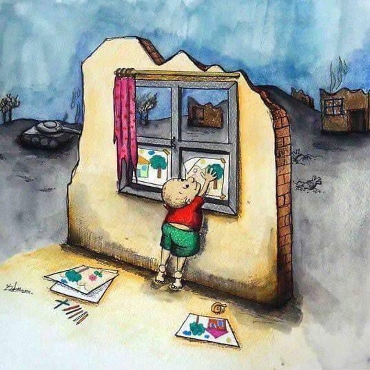 Мальчик у разрушенной стены смотрит в окно, вокруг разбросаны рисунки.