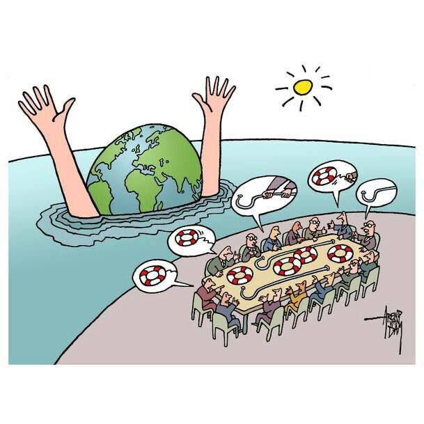 На карикатуре Земля тонет, а люди сидят за столом на островке и обсуждают что-то, словно беззаботно празднуя жизнь.