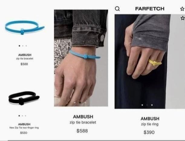 AMBUSH zip bracelet $588; AMBUSH zip tie bracelet $588; AMBUSH zip tie ring $390