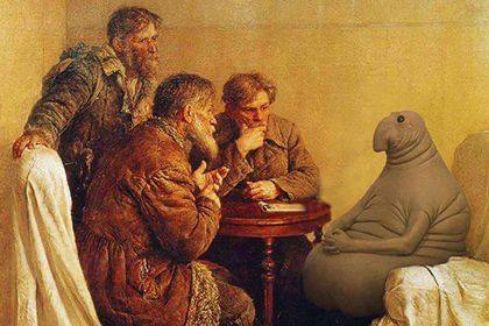 Люди за столом беседуют с инопланетянином-существом.