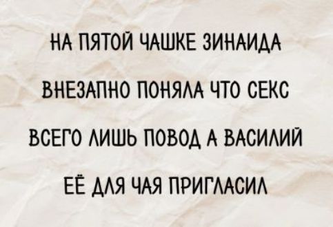 НА ПЯТОЙ ЧАШКЕ ЗИНАИДА
ВНЕЗАПНО ПОНЯЛА ЧТО СЕКС
ВСЕГО ЛИШЬ ПОВОД А ВАСИЛИЙ
ЕЁ ДЛЯ ЧАЯ ПРИГЛАСИЛ