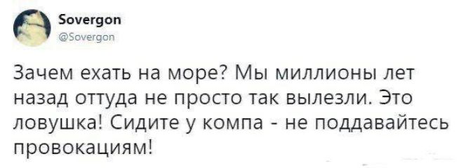 Зачем ехать на море? Мы миллионы лет назад оттуда не просто так вылезли. Это ловушка! Сидите у компа - не поддавайтесь провокациям!