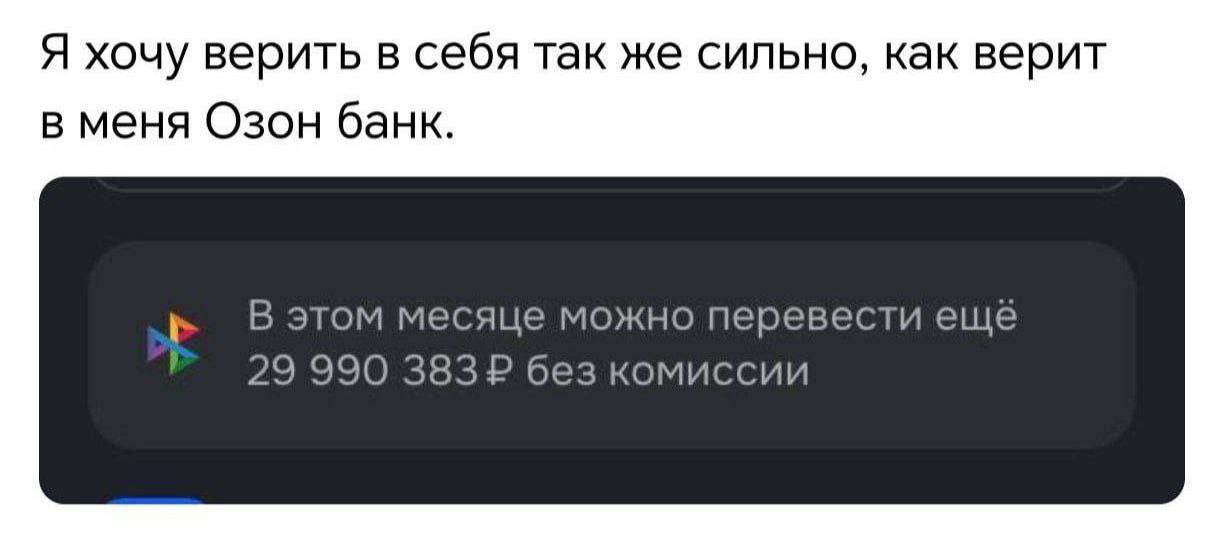 Я хочу верить в себя так же сильно, как верит в меня Озон банк. В этом месяце можно перевести ещё 29 990 383 ₽ без комиссии