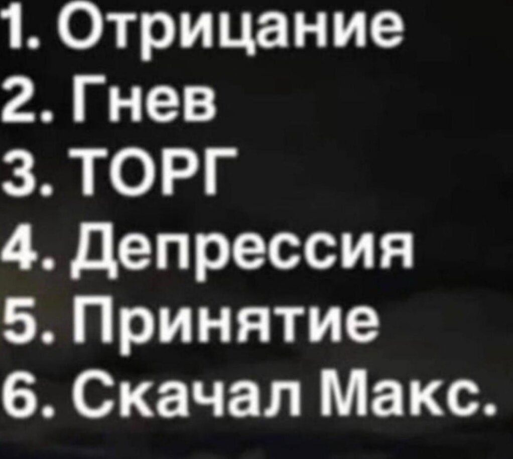 1. Отрицание 2. Гнев 3. ТОРГ 4. Депрессия 5. Принятие 6. Скачал Макс.