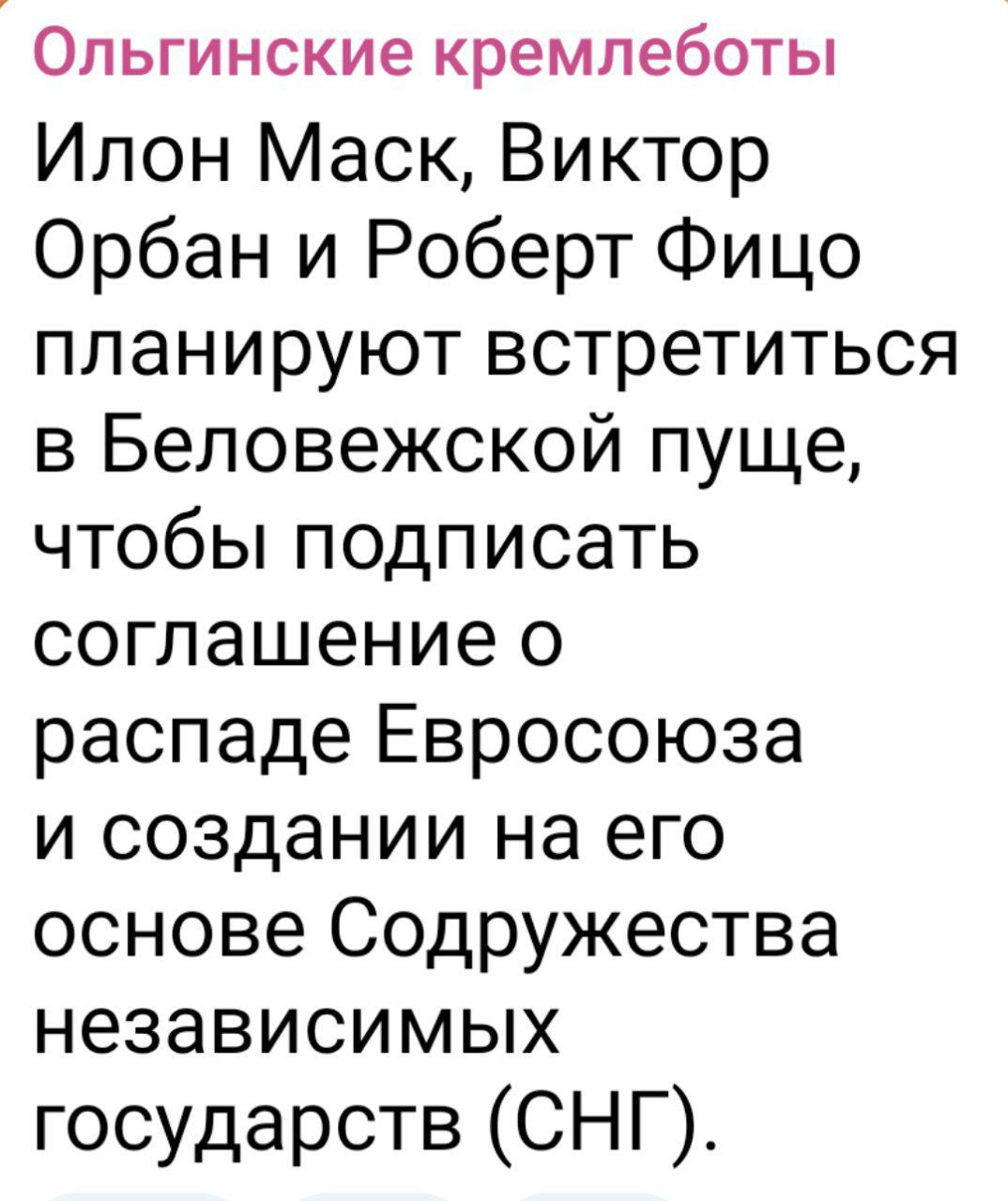 Ольгiнские кремлеботы
Илон Маск, Виктор Орбан и Роберт Фицо планируют встретиться в Беловежской пуще, чтобы подписать соглашение о распаде Евросоюза и создании на его основе Содружества независимых государств (СНГ).