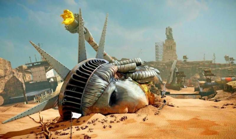 Пустынный постапокалиптический пейзаж с разрушенным механическим существом