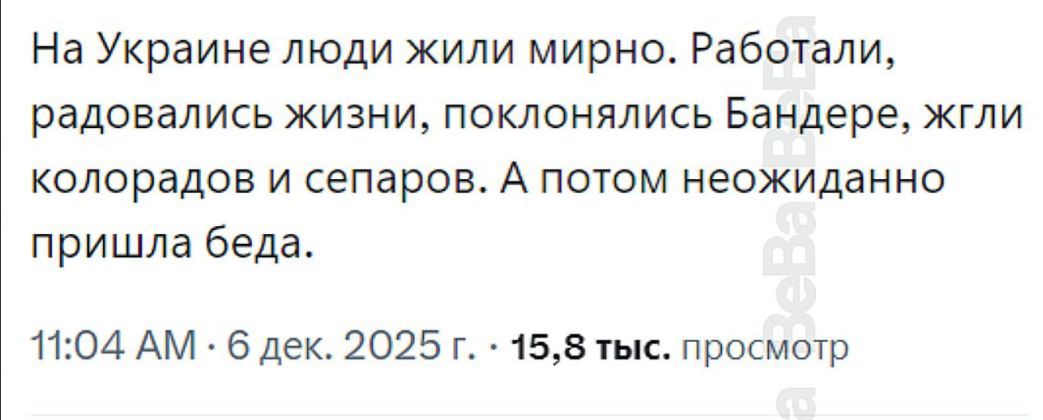 На Украине люди жили мирно. Работали, радовались жизни, поклонялись Бандере, жгли колорадов и сепаров. А потом неожиданно пришла беда.