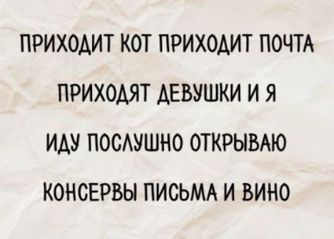ПРИХОДИТ КОТ ПОЧТА ПРИХОДЯТ ДЕВУШКИ И Я ИДУ ПОСЛУШНО ОТКРЫВАЮ КОНСЕРВЫ ПИСЬМА И ВИНО