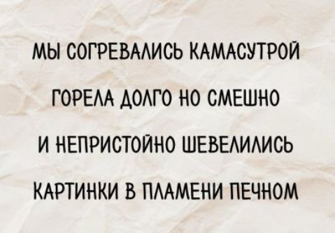 Мы согревались камасутрой
Горела долго но смешно
И непристойно шевелились
Картинки в пламени печном