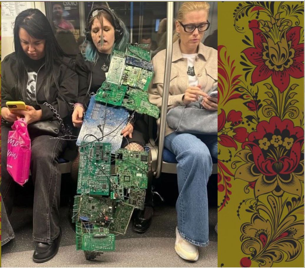 Люди в метро, один человек держит на колене и вокруг него множество печатных плат от компьютера.