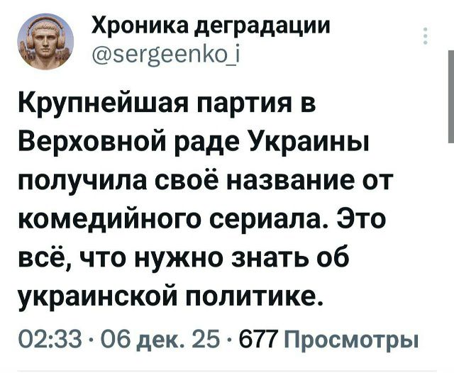 Крупнейшая партия в Верховной раде Украины получила своё название от комедийного сериала. Это всё, что нужно знать об украинской политике.