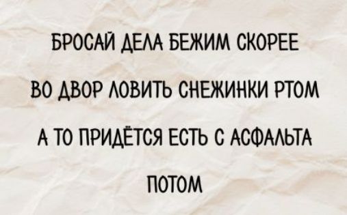 БРОСАЙ ДЕЛА БЕЖИМ СКОРЕЕ 
ВО ДВОР ЛОВИТЬ СНЕЖИНКИ РТОМ 
А ТО ПРИДЁТСЯ ЕСТЬ С АСФАЛЬТА ПОТОМ