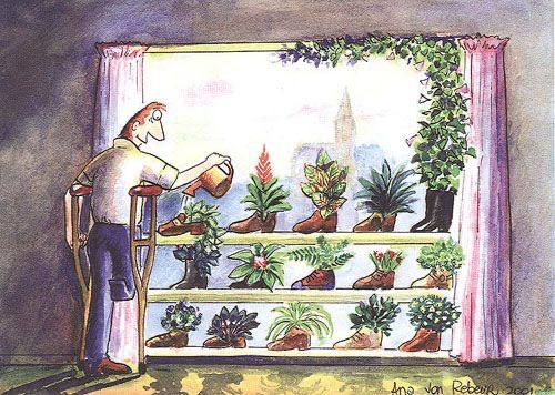 Иллюстрация человека, поливающего растения на подоконнике с несколькими горшками