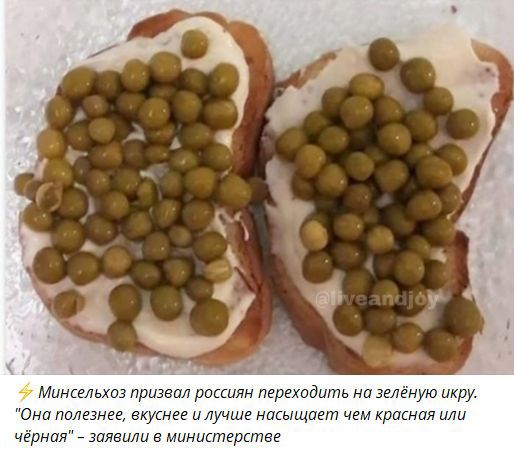 ⚡ Минсельхоз призвал россиян переходить на зелёную икру. «Она полезнее, вкуснее и лучше насыщает чем красная или чёрная» — заявляли в министерстве