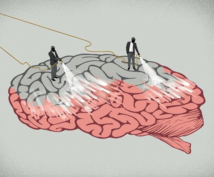 Иллюстрация мозга с двумя мужчинами, подсвечивающими участки сознания