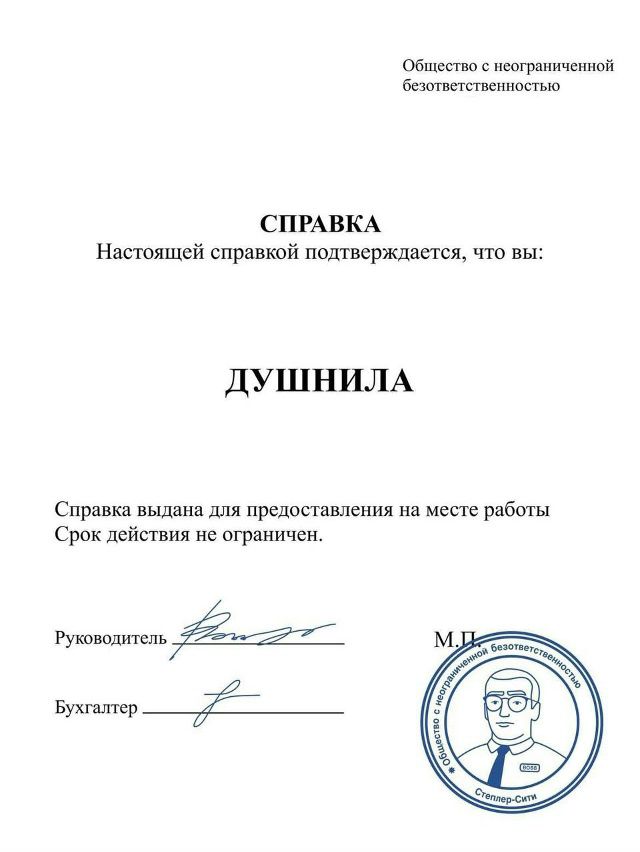 СПРАВКА
Настоящей справкой подтверждается, что вы:
ДУШНИИЛА
Справка выдана для предоставления на месте работы
Срок действия не ограничен.

Руководитель __________
Бухгалтер __________
М.П. (печать)