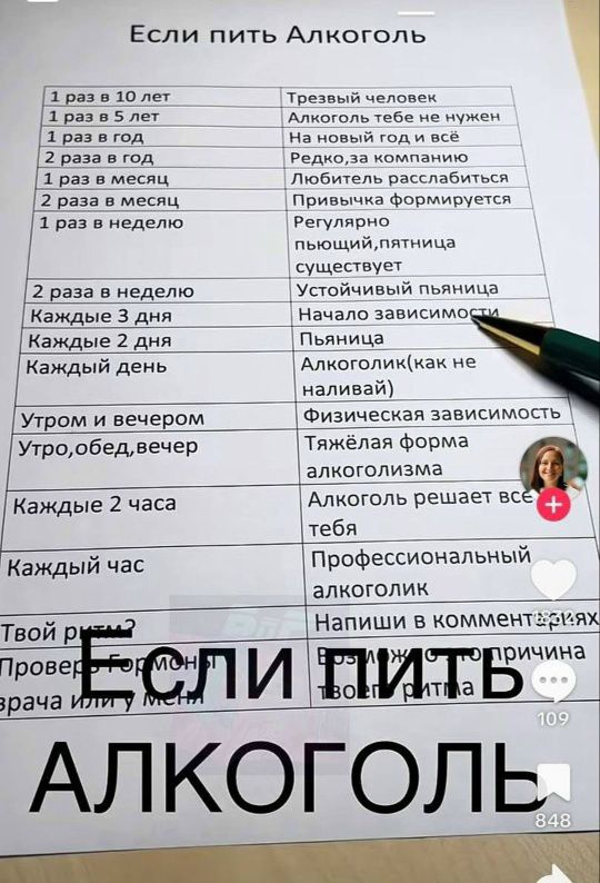 Если пить Алкоголь
1 раз в 10 лет — Трезвый человек
1 раз в 5 лет — Алкоголь тебе не нужен
1 раз в год — На новый год и всё
1 раз в год — Редко, за компанию
1 раз в месяц — Любитель расслабиться
1 раз в месяц — Приучишься формируется
1 раз в неделю — Регулярно пьющий, пятница существует
2 раза в неделю — Устойчивый пьяница
Каждые 3 дня — Начало зависимости
Каждый день — Пьянница
Каждый день — Алкоголик (как не наливали)
Каждый 2 часа — Алкоголик решает все за тебя
Каждый час — Профессиональный алкоголик
Твой режим? Напиши в комментариях, почему