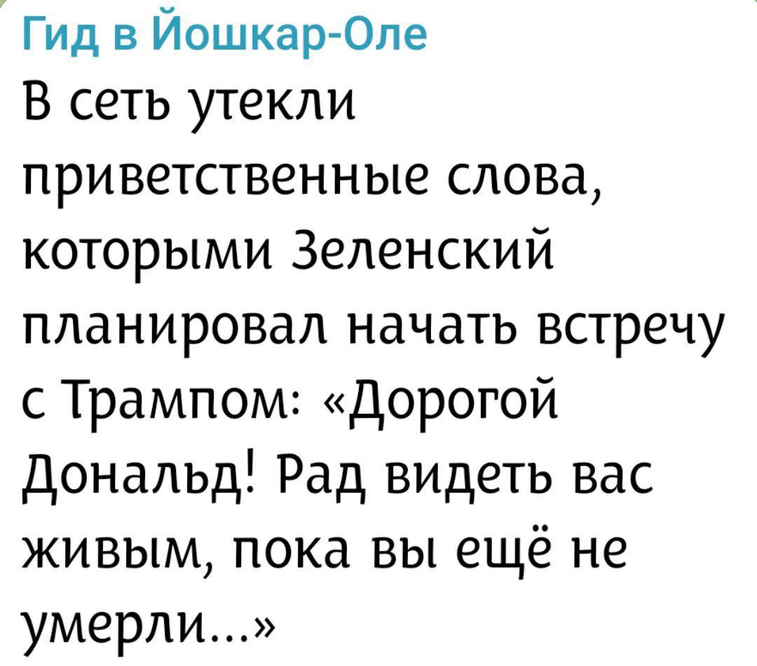 Гид в Йошкар-Оле: в сеть утекли приветственные слова, которыми Зеленский планировал начать встречу с Трампом: «Дорогой Дональд! Рад видеть вас живым, пока вы ещё не умерли...»