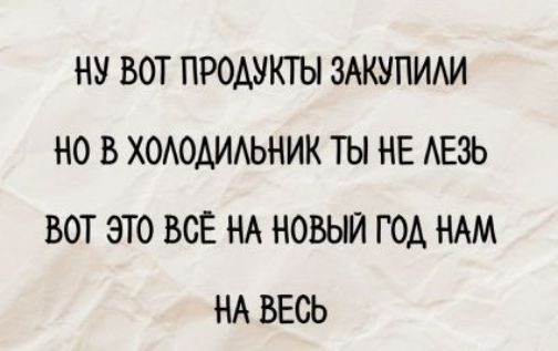 Ну вот продукты закупили, но в холодильник ты не лезь. Вот это всё на новый год нам на весь