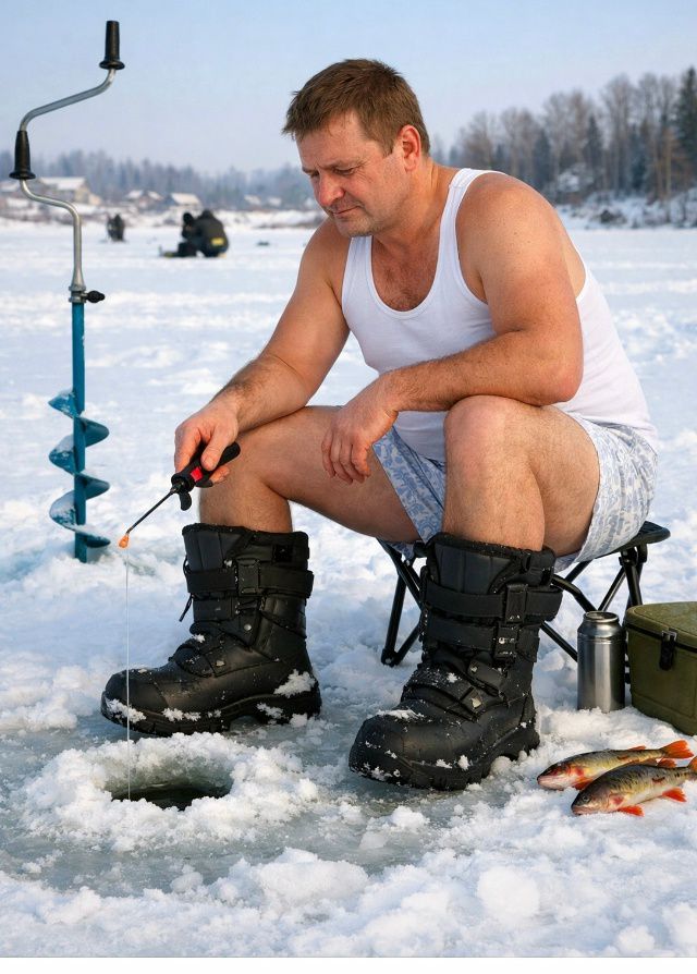 Мужчина на льду зимой ловит рыбу, рядом оборудование и рыба на льду.