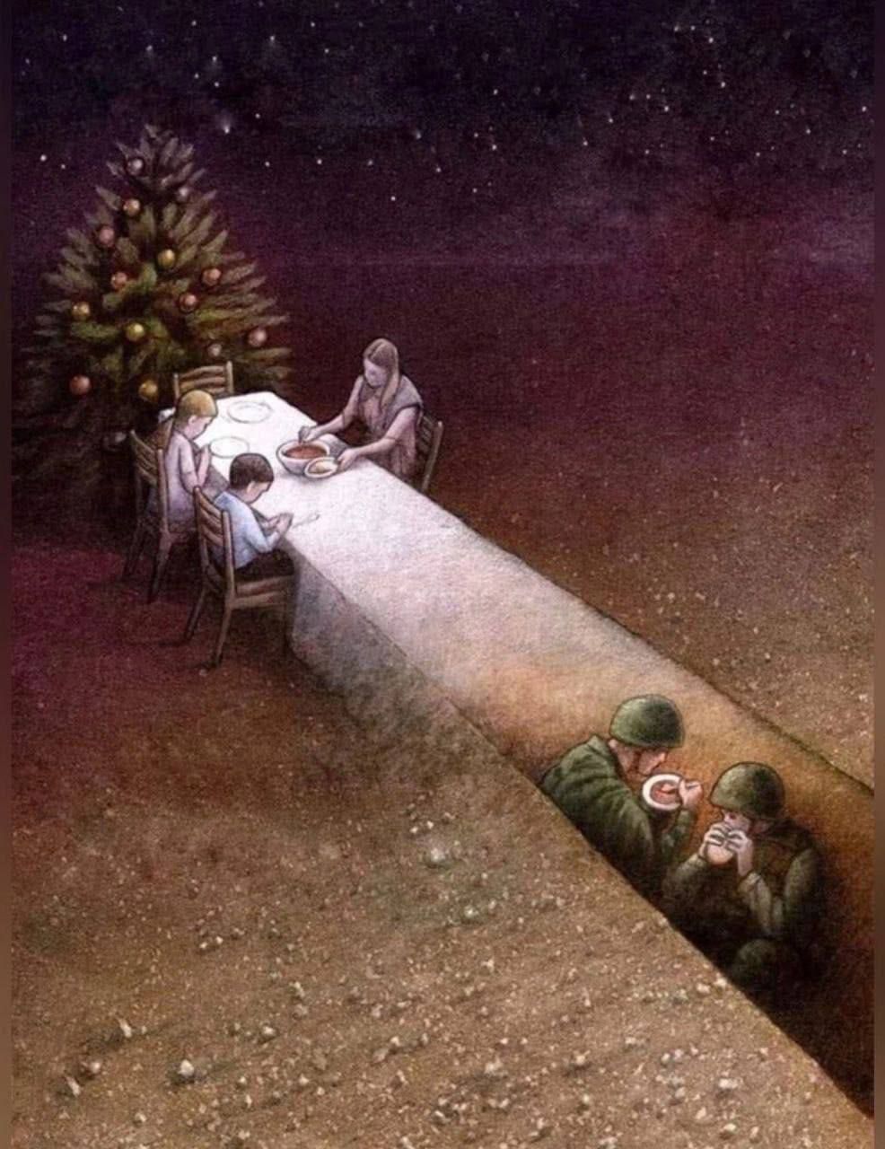 Семейный ужин над длинной щелью в земле, где видны солдаты в окопе снизу