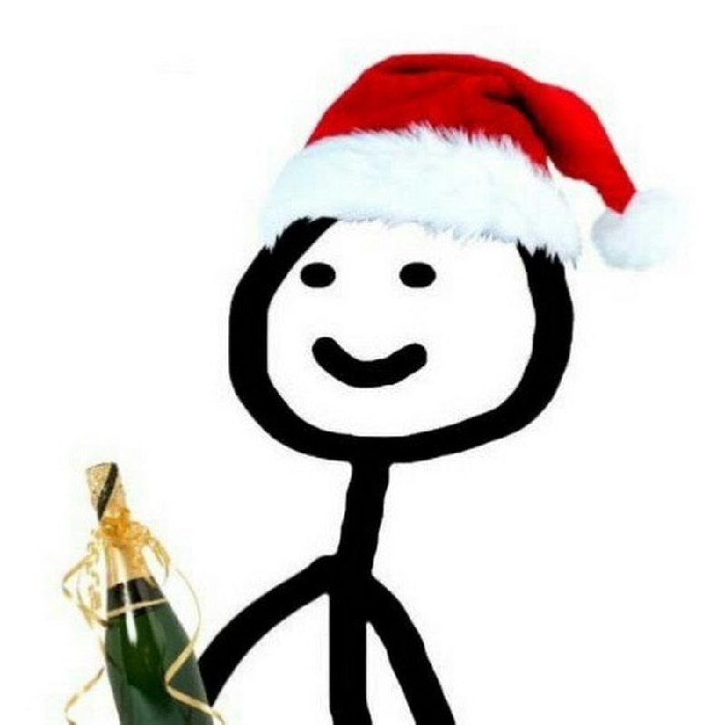 Стикмен в Санта-Каске держит бутылку шампанского