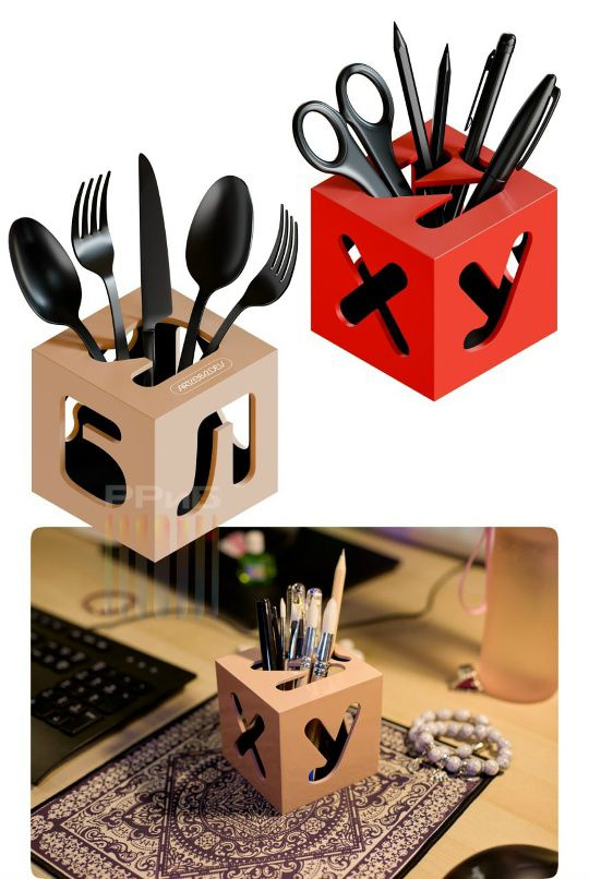Кубики-органайзеры с ножами, вилками и карандашами, декоративно размещенные на столе