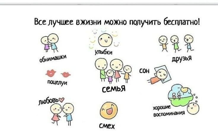 Все лучшее в жизни можно получить бесплатно! обнимашки, улыбки, друзья, поцелуи, семья, сон, хорошие воспоминания, любовь, смех