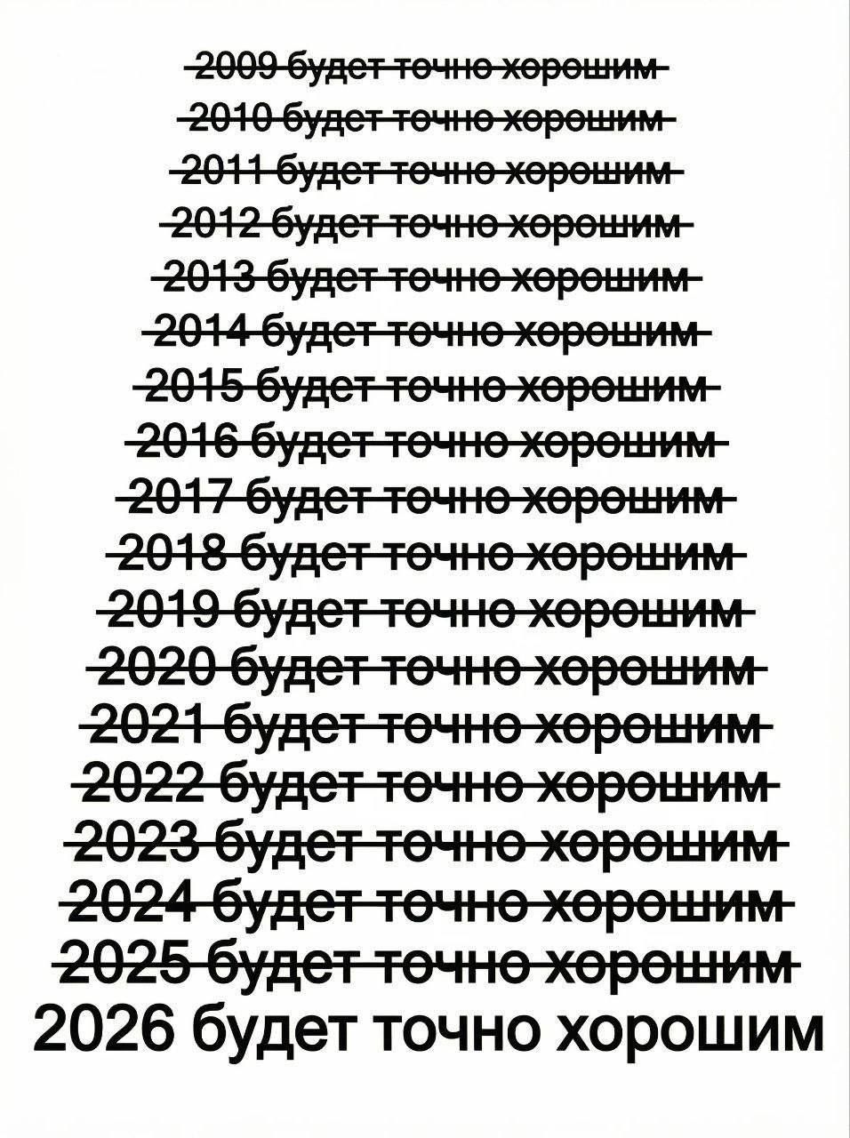 2009 будет точно хорошим\n2010 будет точно хорошим\n2011 будет точно хорошим\n2012 будет точно хорошим\n2026 будет точно хорошим