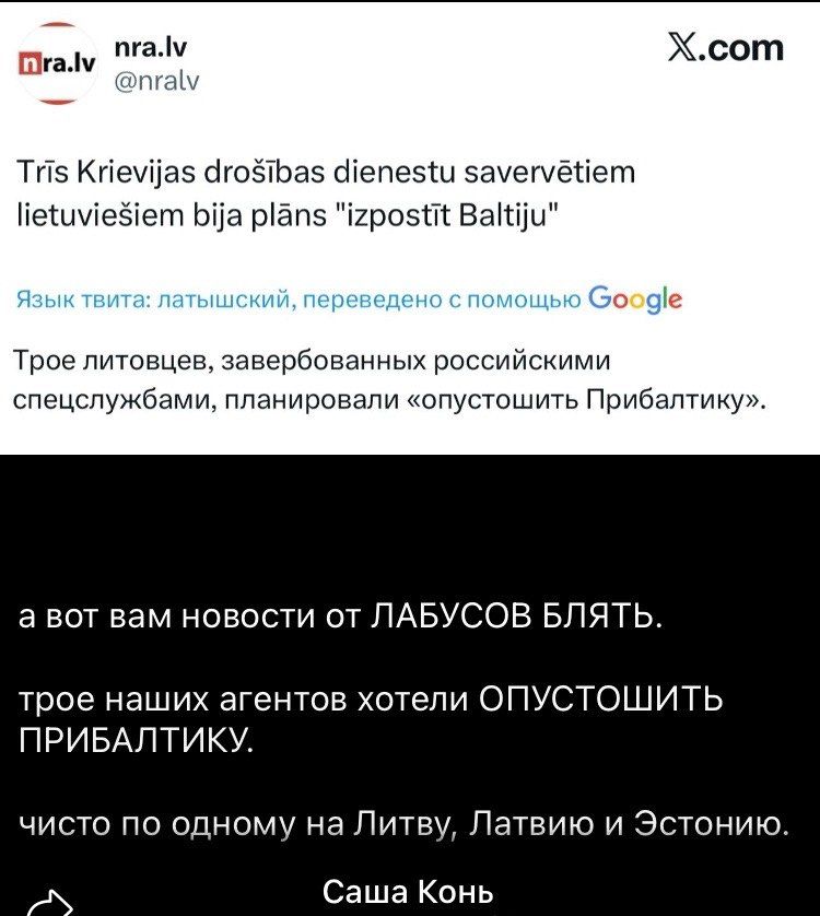 а вот вам новости от ЛАБУСОВ БЛЯТЬ. трое наших агентов хотели ОПУСТОШИТЬ ПРИБАЛТИКУ. чисто по одному на Литву, Латвию и Эстонию. Саша Конь