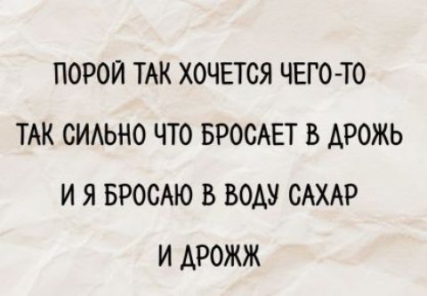 ПОРОЙ ТАК ХОЧЕТСЯ ЧЕГО-ТО ТАК СИЛЬНО ЧТО БРОСАЕТ В ДРОЖЬ И Я БРОСАЮ В ВОДУ САХАР И ДРОЖЖ