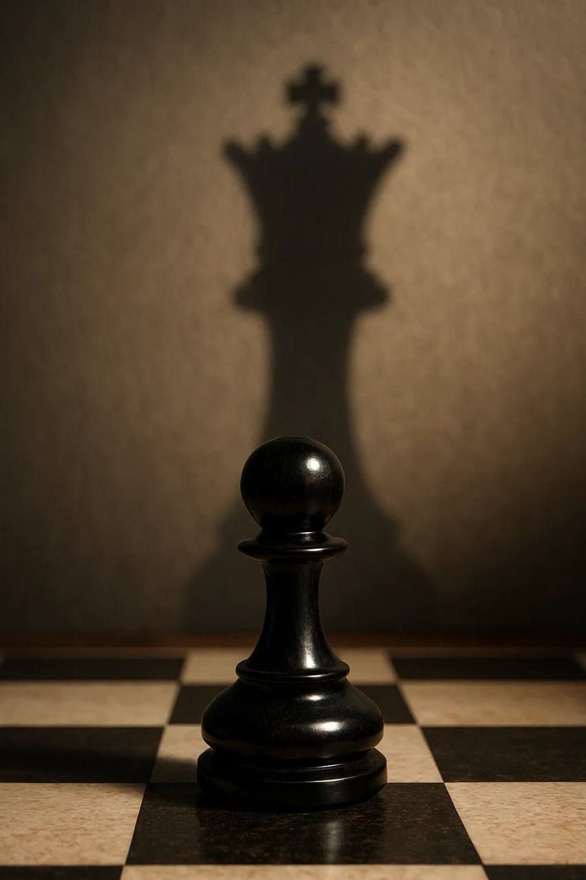 Пешка на шахматной доске, тень короля на стене