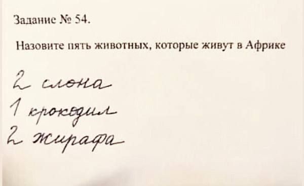 Задание № 54.
Назовите пять животных, которые живут в Африке
2 слона
1 крокодил
2 жирафа
