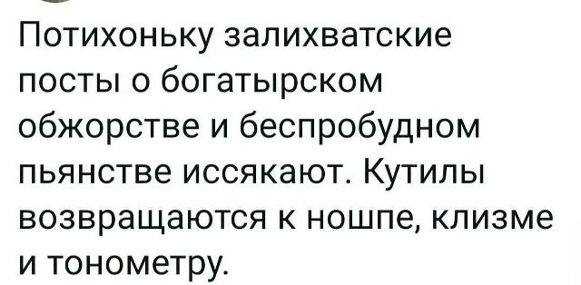 Потихоньку залихватские посты о богатырском обжорстве и беспробудном пьянстве иссякают. Кутылы возвращаются к ношпе, клизме и тонометрy.
