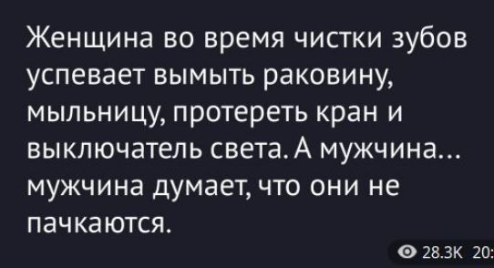Женщина во время чистки зубов успевает вымыть раковину, мыльницу, протереть кран и выключатель света. А мужчина... мужчина думает, что они не пачкаются.
