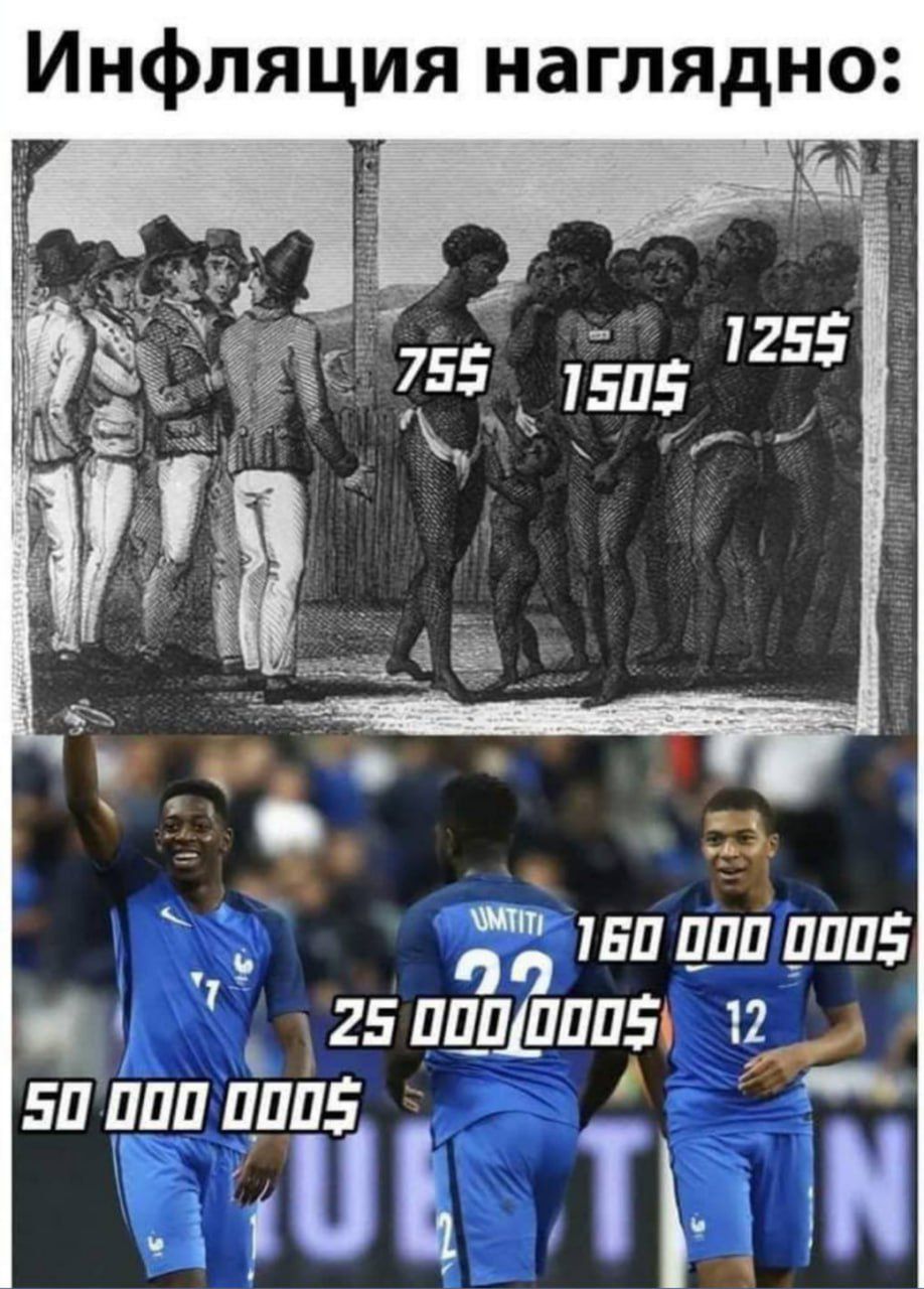 Инфляция наглядно: 75$, 150$, 125$ на рабах; 50 000 000$, 25 000 000$, 160 000 000$ на футболистов.