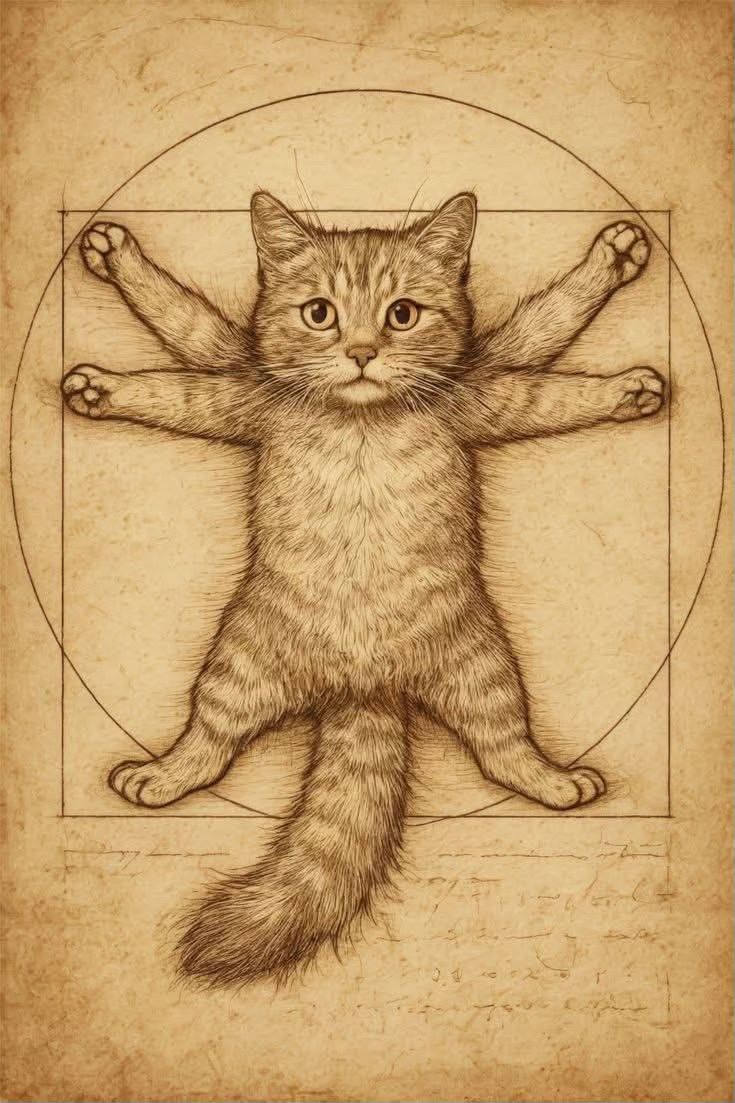 Кот в позе Витрувия, как рисунок на старинном плане