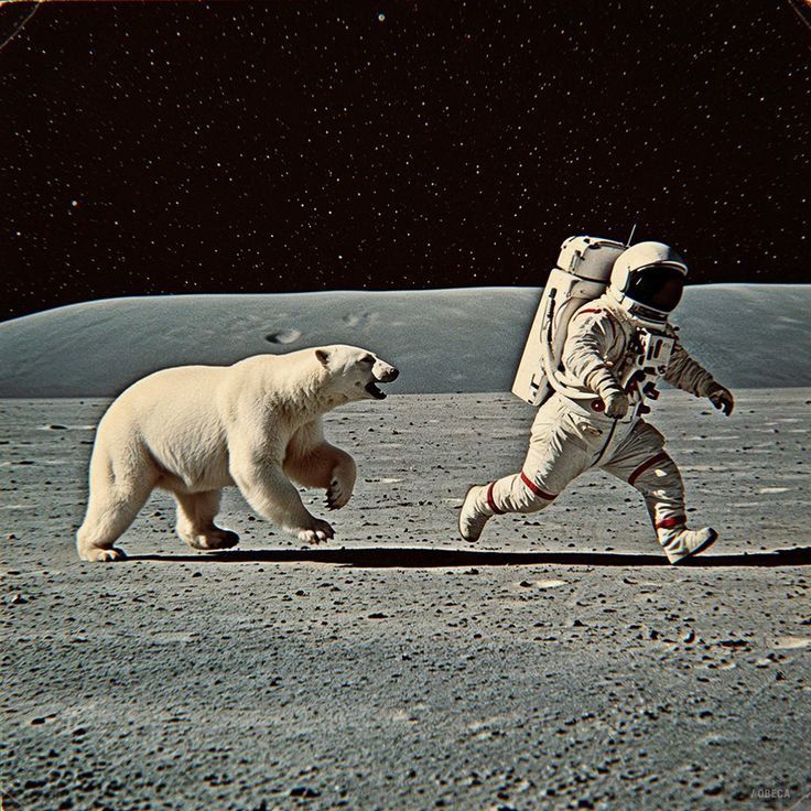 Астронавт идёт рядом с белым медведем на лунной поверхности.