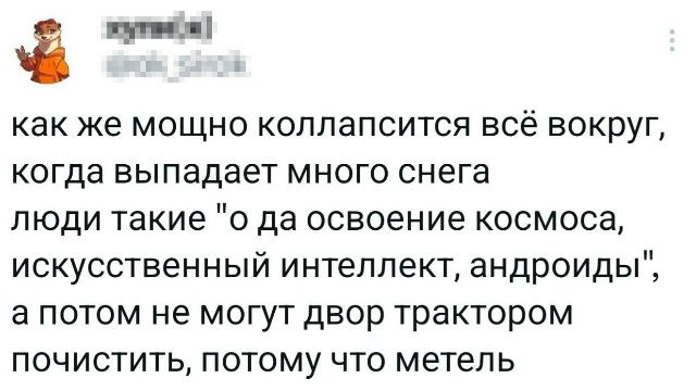как же мощно коллапсится всё вокруг, когда выпадает много снега люди такие 'о да освоение космоса, искусственный интеллект, андроиды', а потом не могут двор трактором почистить, потому что метель