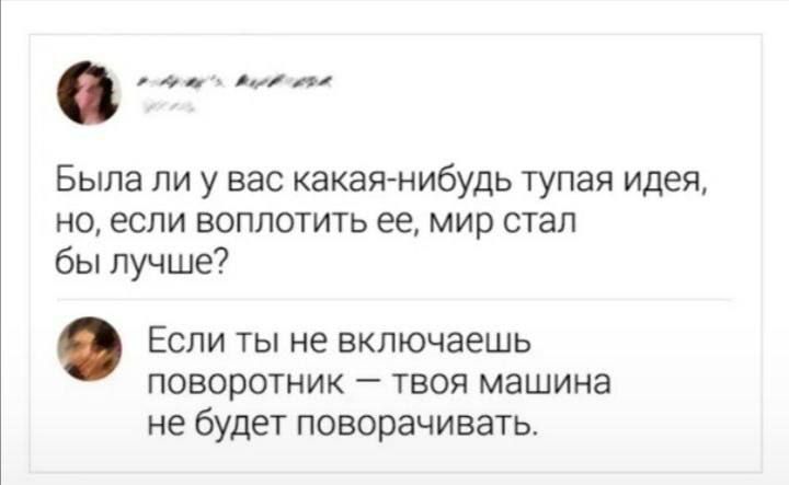 Была ли у вас какая-нибудь тупая идея, но, если воплотить ее, мир стал бы лучше?\n\nЕсли ты не включаешь поворотник — твоя машина не будет поворачивать.
