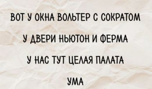 Вот у окна Вольтер с Сократом
У двери Ньютон и Ферма
У нас тут целая палата
Ума