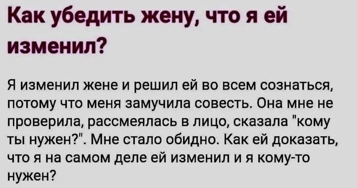 Как убедить жену, что я ей изменил? Я изменил жене и решил ей во всем сознаться, потому что меня замучила совесть. Она мне не поверила, рассмеялась в лицо, сказала 'кому ты нужен?'. Мне стало обидно. Как ей доказать, что я на самом деле ей изменил и я кому-то нужен?