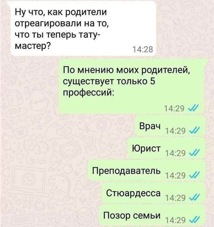Ну что, как родители отреагировали на то, что ты теперь тату-мастер? По мнению моих родителей, существует только 5 профессий: Врач Юрист Преподаватель Стюардесса Позор семьи